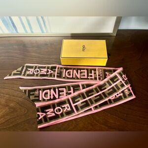 FENDI Pink and Brown Logo SILK SCARF.